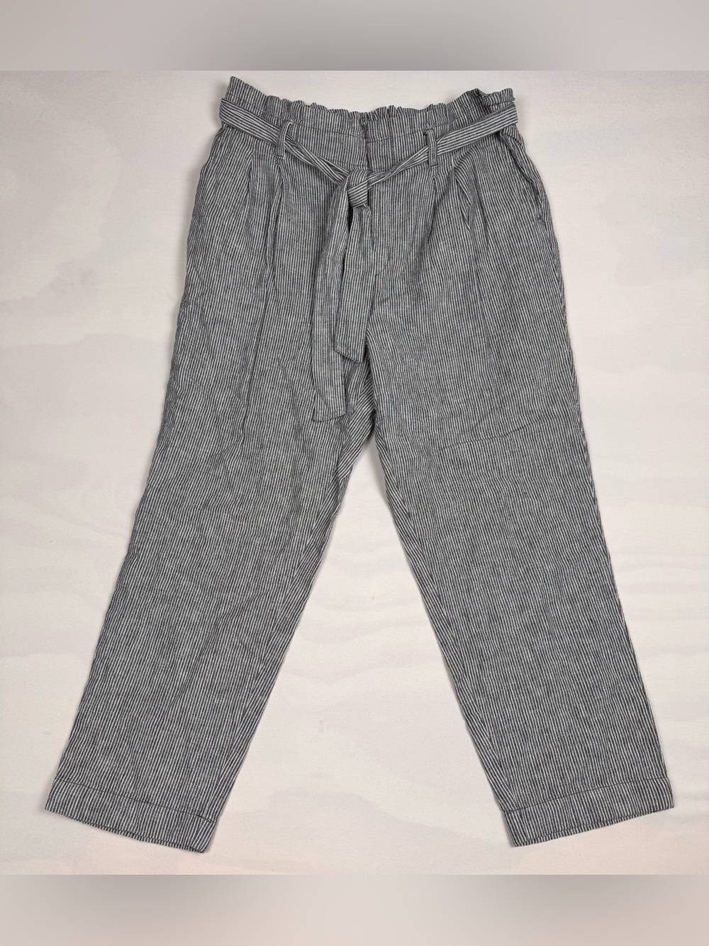 NWT Loft Paperbag Waist Pants Belted Gray/White Pin Stripe Linen Blend Women’s L